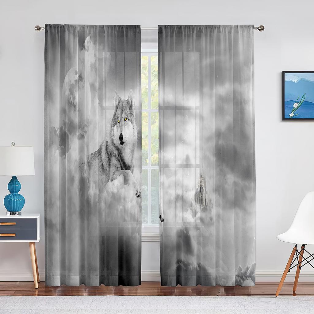 Wolf Sheer Voile Curtain Ice Fire Wolves Look At Each Other Window Tulle Curtains for Living Room Bedroom Kitchen Decor Drapes