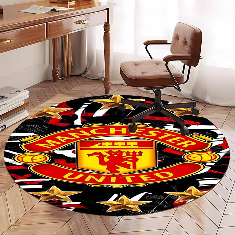 Manchester United F.C Pattern Round Rug, Indoor/Outdoor Mat, for Picnic, Gameroom, Bedroom, Office, Living Room, Home Decor Carpet, Birthday Gift