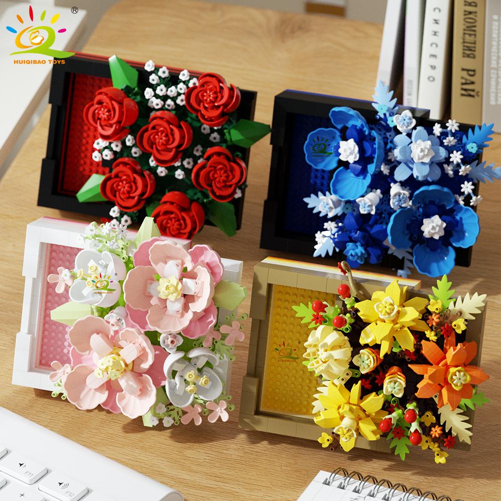 HUIQIBAO MOC Flower Display Rack Micro Building Block Succulent Mini 3D Diamond Model Brick Toy for Children Desk Decoration