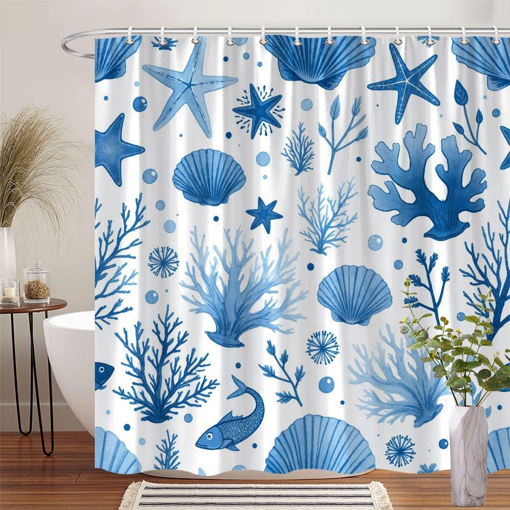 1pc Blue Ocean Style Shower Curtain, Polyester Fabric, Machine Washable, Suitable for Bathroom Hotel Decoration