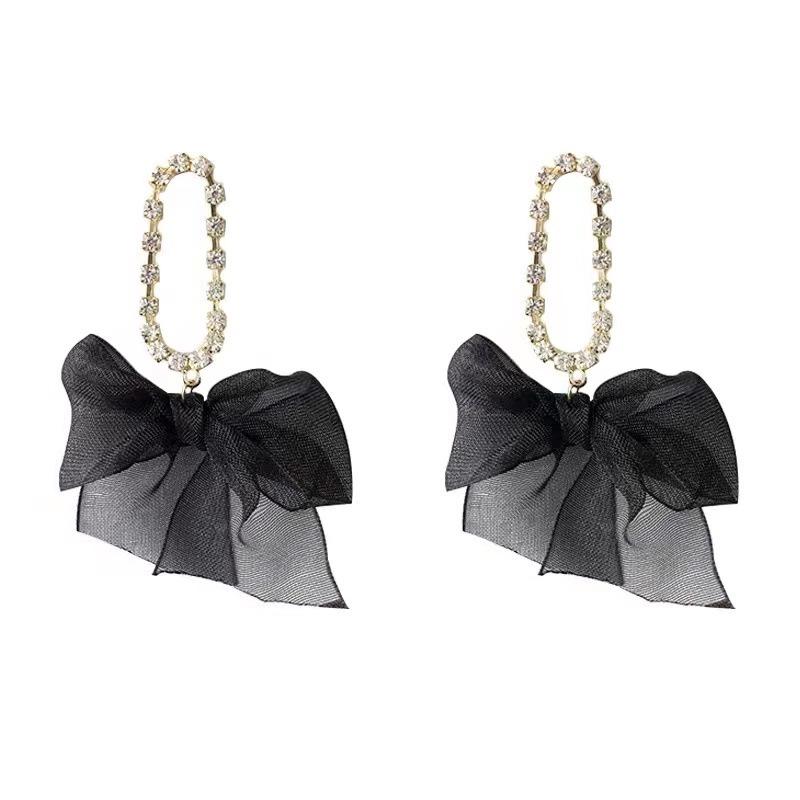 925 Silver Needle Diamond Velvet Bow Earrings - Elegant Heart Studs for Women