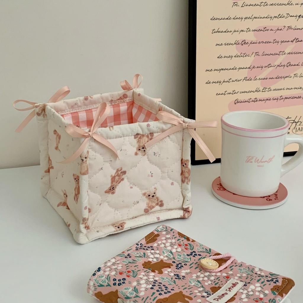 Korean Pink Plaid Quilted Storage Basket - Aesthetic Living Room & Bedside Organizer