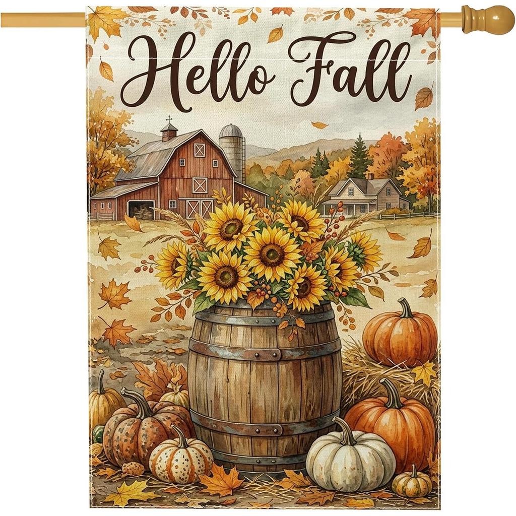 Sunflower House Flag, Rustic Farmhouse Pumpkins Barrel Fall Orange Double-Sided Outdoor Garden Flag for Patio Lawn Entrance Campsite
