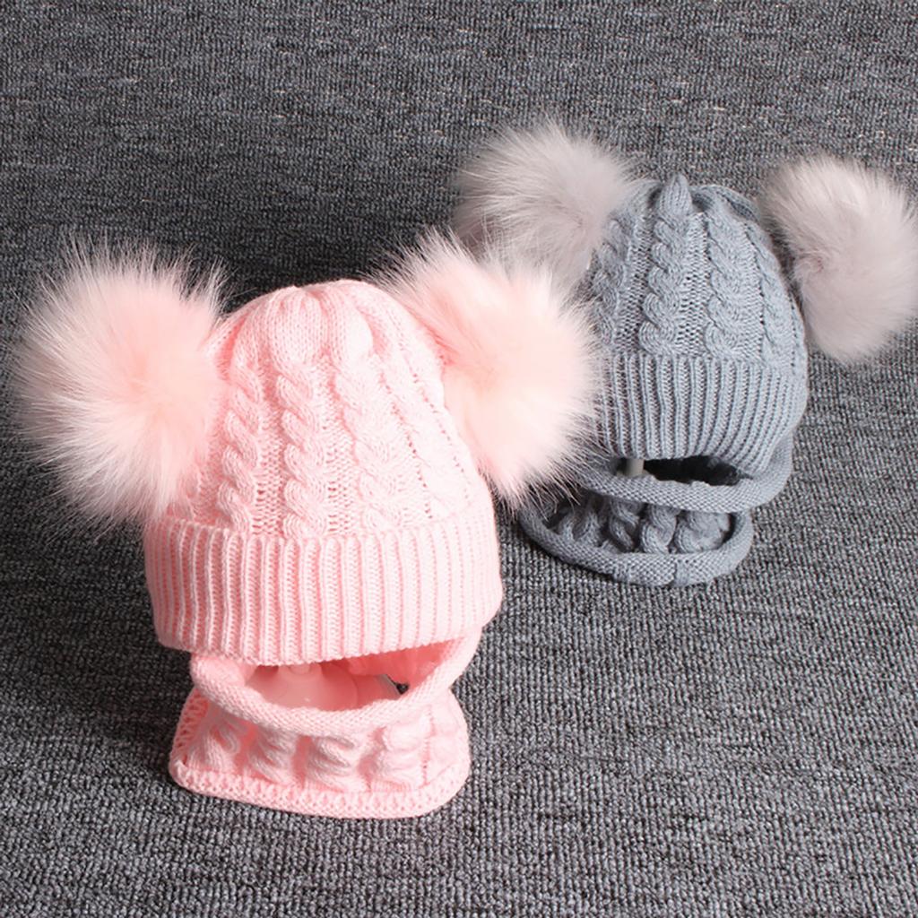 Children Beanie Pompom Neck Knitted Warm Hat Winter Scarf Set