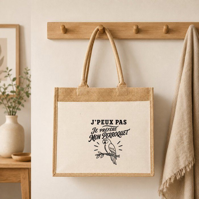Sac cabas - PLANETEE - J'peux pas minimaliste - Perroquet - Toile de jute et coton - 43×33×21 cm (21 L)