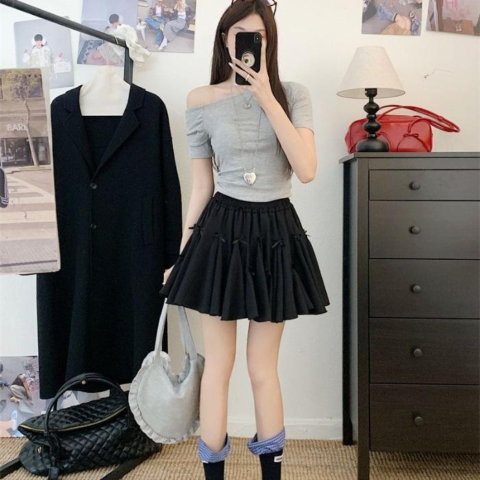 Petite Women's Summer Elastic Waist Pleated A-line Mini Skirt with Built-in Safety Shorts and Bow