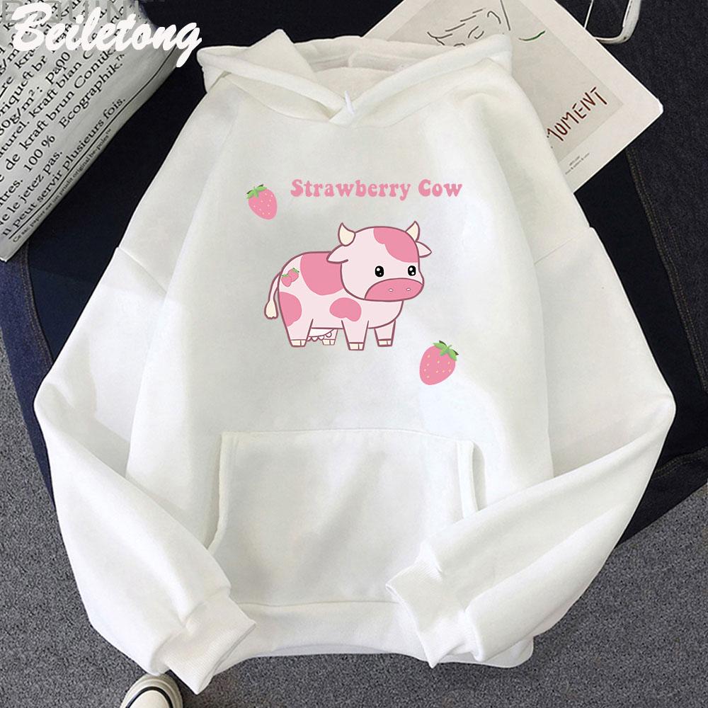 Cow and Strawberry Kawaii Hoodies Casual Pullover Loose Sweatshirt Aesthetic Clothes for Women Funny Sudadera Mujer Blue Cartoon