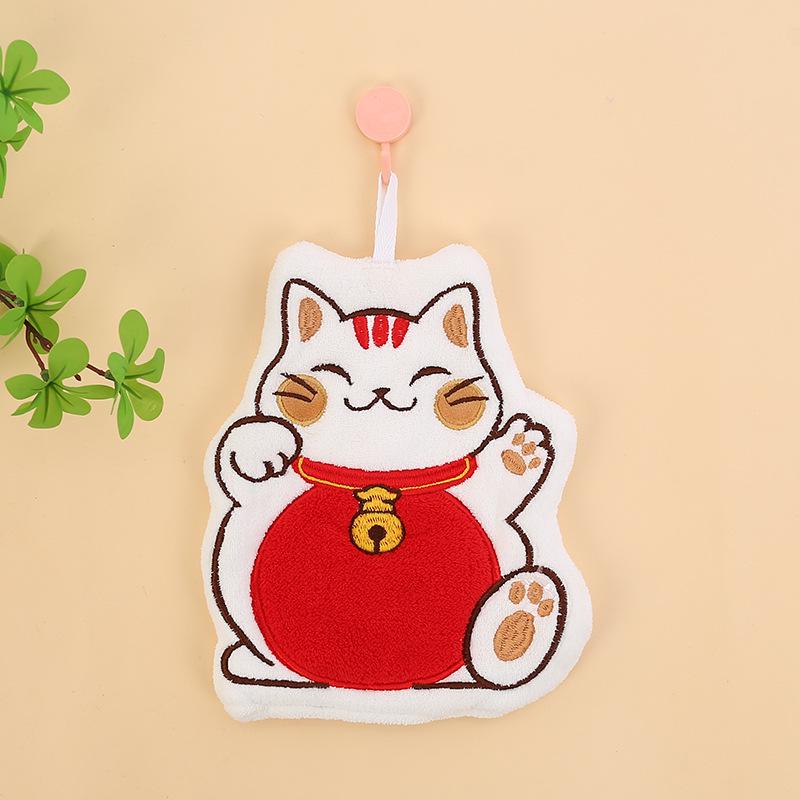Lucky Cat Coral Fleece Cartoon Hanging Towel for Kitchen & Bathroom - Soft & Child-Friendly