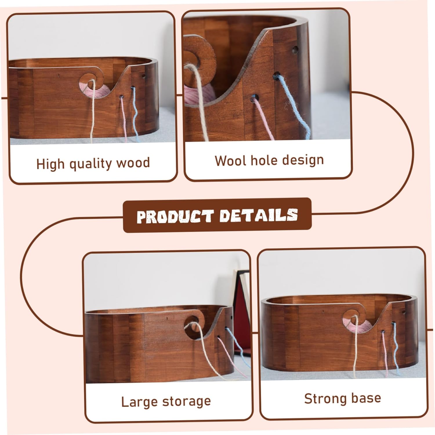Yarn Bowls for Crocheting Oval-Shaped Wooden Yarn Holder with Multiple Holes Large Capacity Crochet Bowl for Sewing, Knitting, Storage, Gifts for