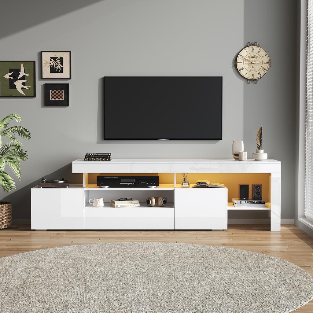 192*37*53cm TV Cabinet with 3 Cabinets, TV Stand with LED, High-Gloss Lowboard and TV Table, Suitable for TVs Around 85 Inches, White