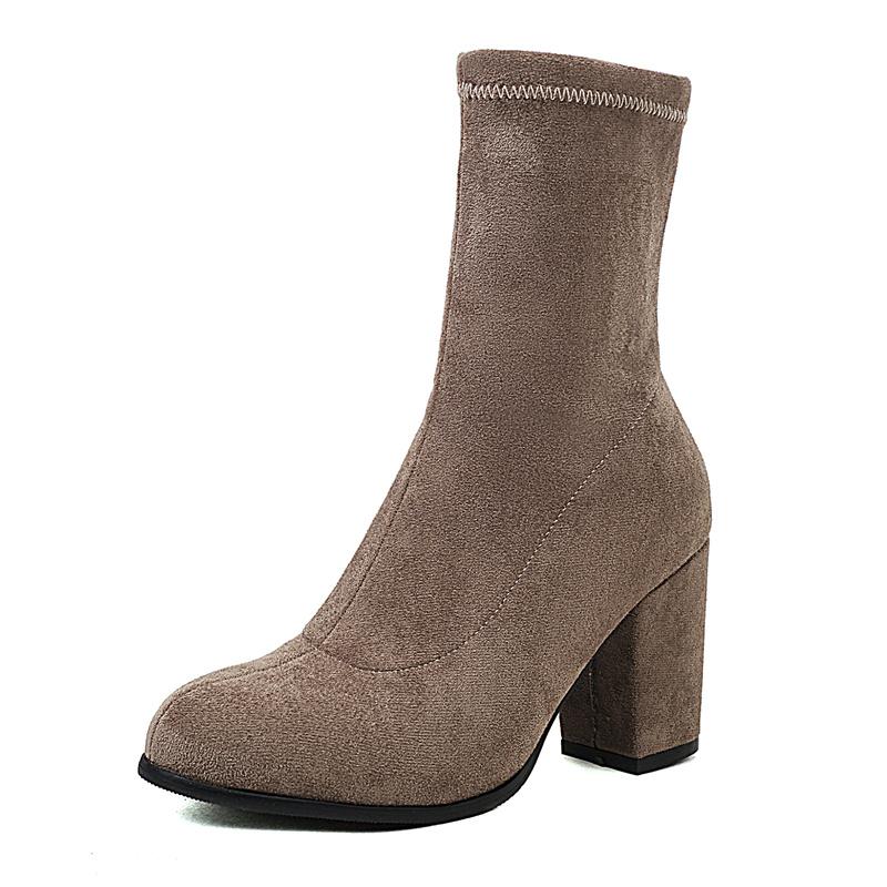 Winter Stretch Flock Ankle Boots Women High Block Heels Party Dress Office Lady Round Toe Slip-on Warm Plush Elastic Sock Boots