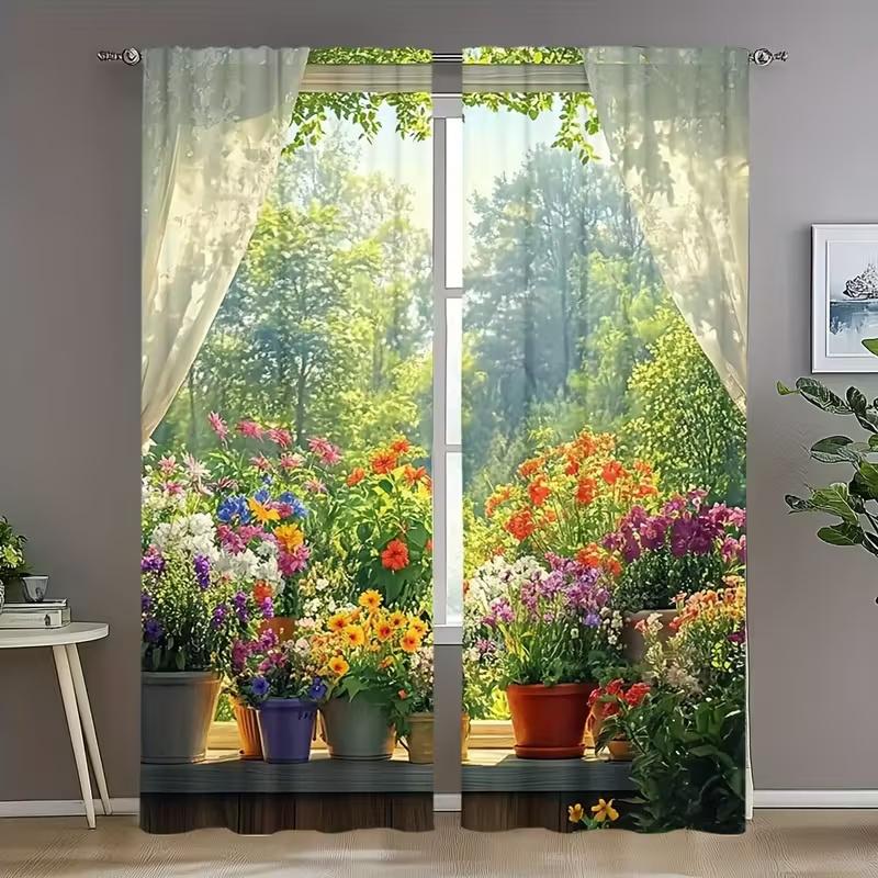 2 Pcs Windowsill flowers print curtains,suitable for bedroom,living room kitchen decoration,home decoration,window decoration