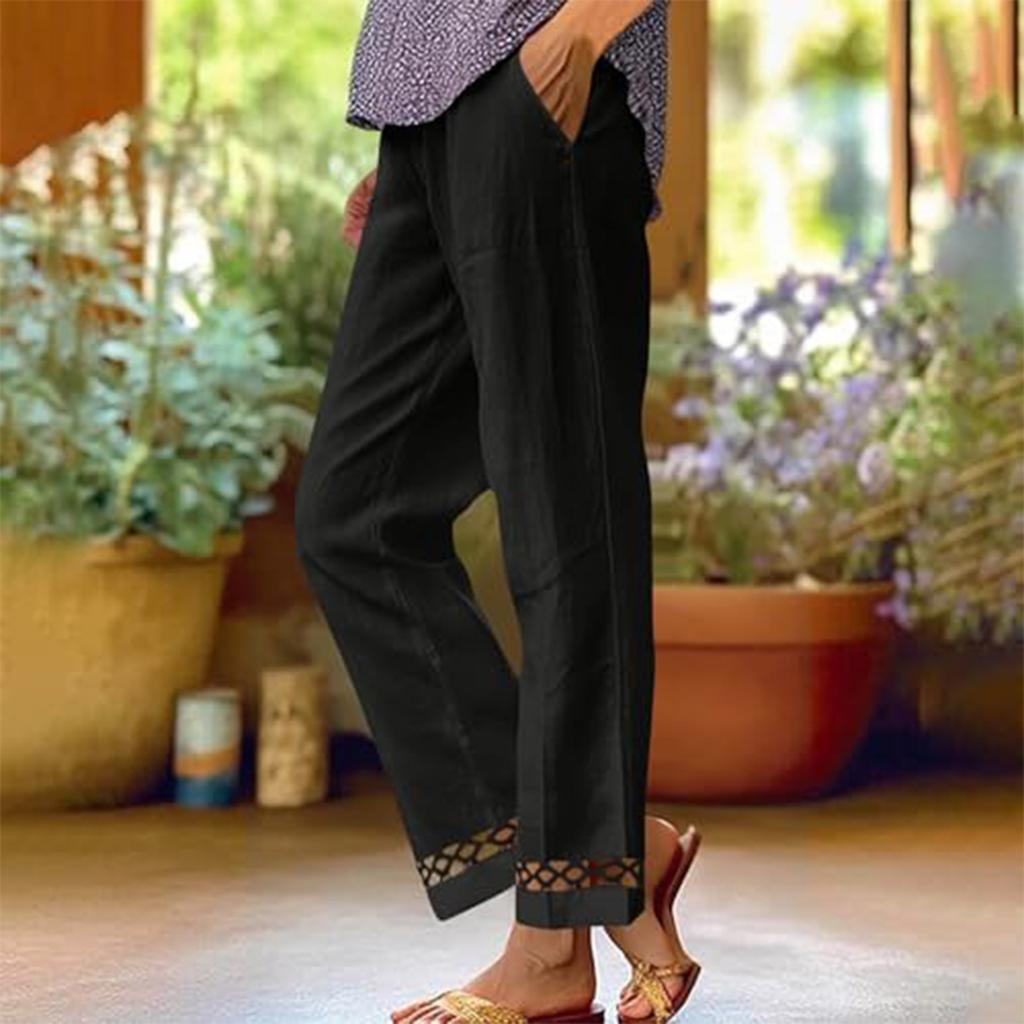 Ladies' Summer High Waisted Straight Leg Pants With Lace Bottom And Pocket Casual Pants