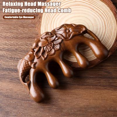 Sandalwood Scalp Massage Comb Wide Teeth Carved Lotus Fish Hair Growth Promotion Wooden