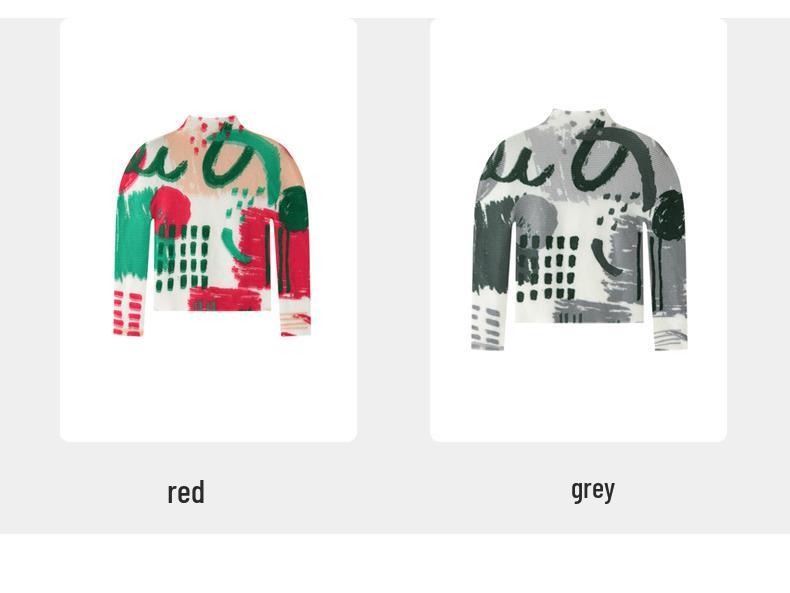 Miyake Pleats Women's High Neck Long Sleeve T-shirt - 2026 Spring/Summer Corn Kernel Abstract Print, Slim Fit.