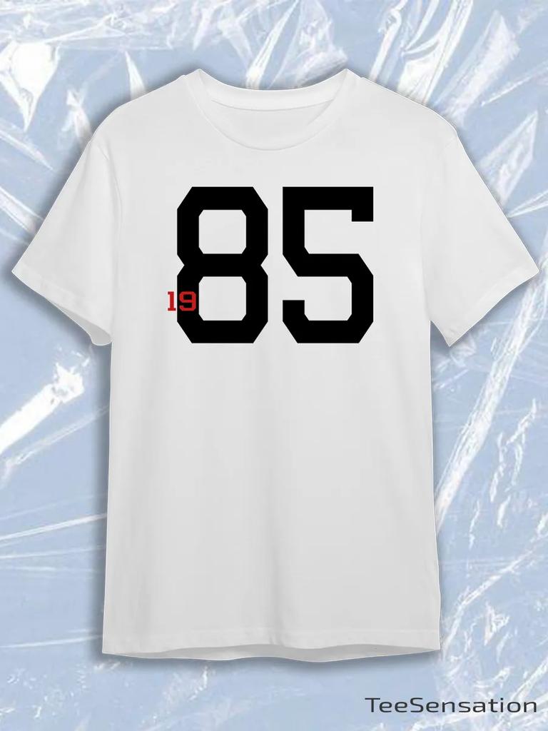 White Crew Neck Short Sleeve T-Shirt with Black 1985 Sports Number