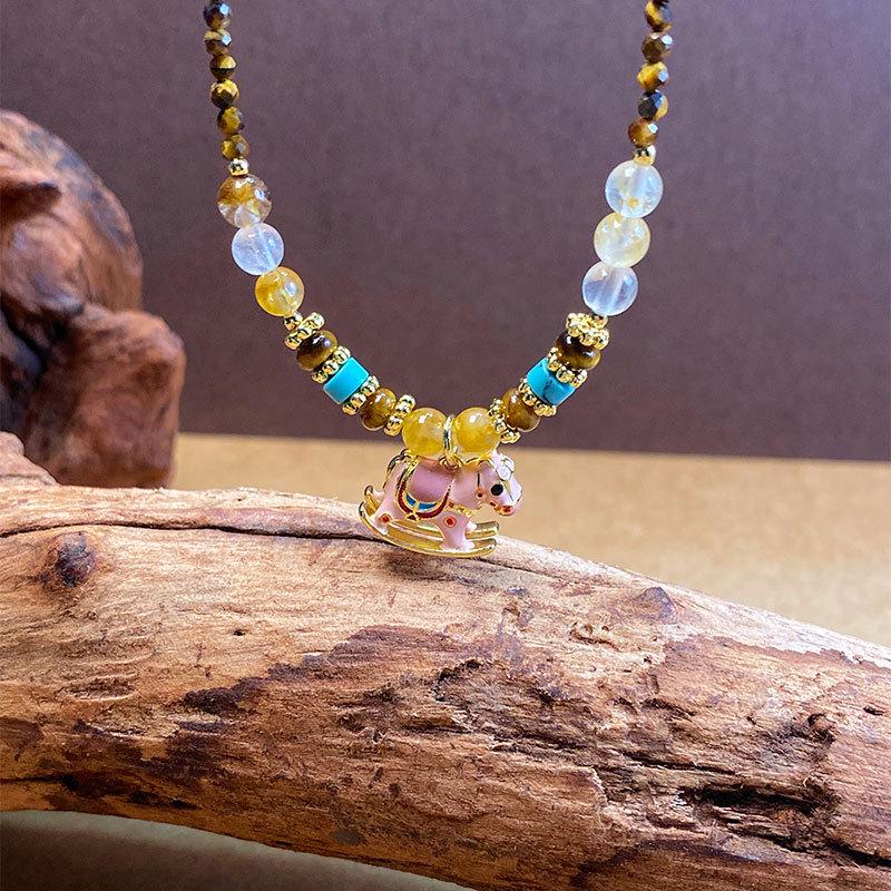 Vintage Tiger Eye Stone Necklace with Gilded Rocking Horse Pendant - 2025 Elegant Design Clavicle Chain.