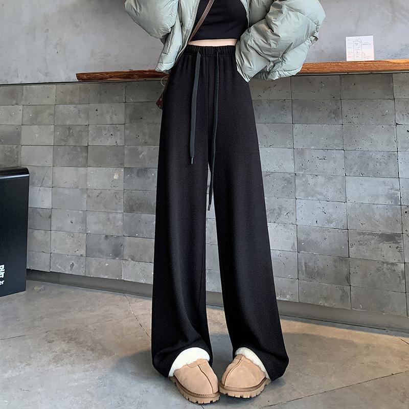 

Брюки из клейкого риса с высокой талией, вязаные широкие брюки для женщин на осень и зиму, ниспадающие высококачественные брюки, текстурные тонкие вязаные брюки, брюки в пол 2XL