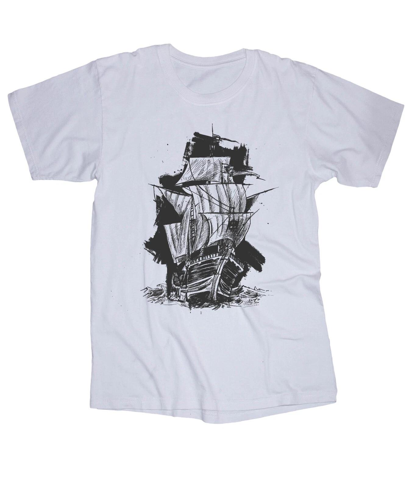 Nautical Yacht Marina Wooden Sailboat Ocean Pencil Drawing style white T-shirt S