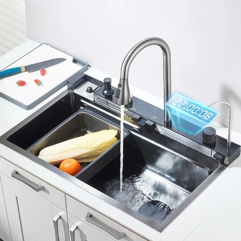 304 Stainless Steel Waterfall Kitchen Sink Faucet Set with Large Single-slot Integrated Digital Display Soap Dispenser 75*45 Cm