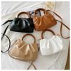 French Chic Cloud Bag Women Fashion Ruched Design Faux Leather Shoulder Crossbody Purse with Wooden Handle