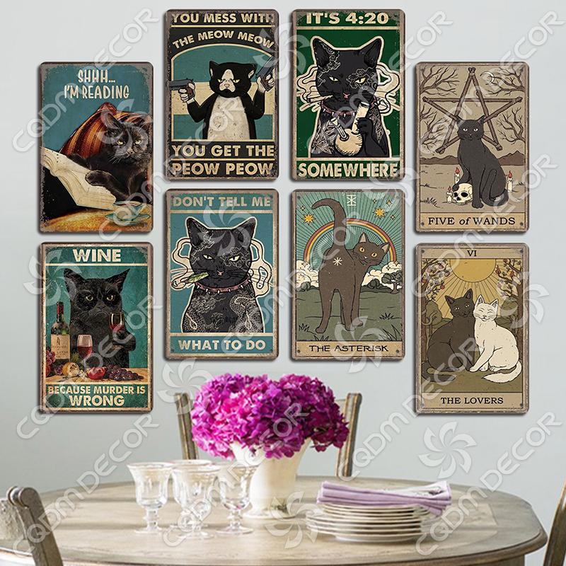 Black Cat Tin Sign Metal Plaque Read Books Drink Wine Pet Metal Poster Vintage Wall Decor for Coffee Shop Kitchen Bathroom Home