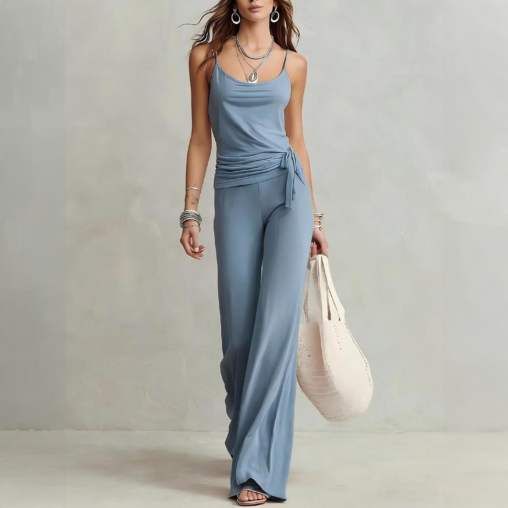 Women Casual Two Piece Set Sleeveless Tank Top with High Waist Wide Leg Pants Lounge Wear Summer Outfit