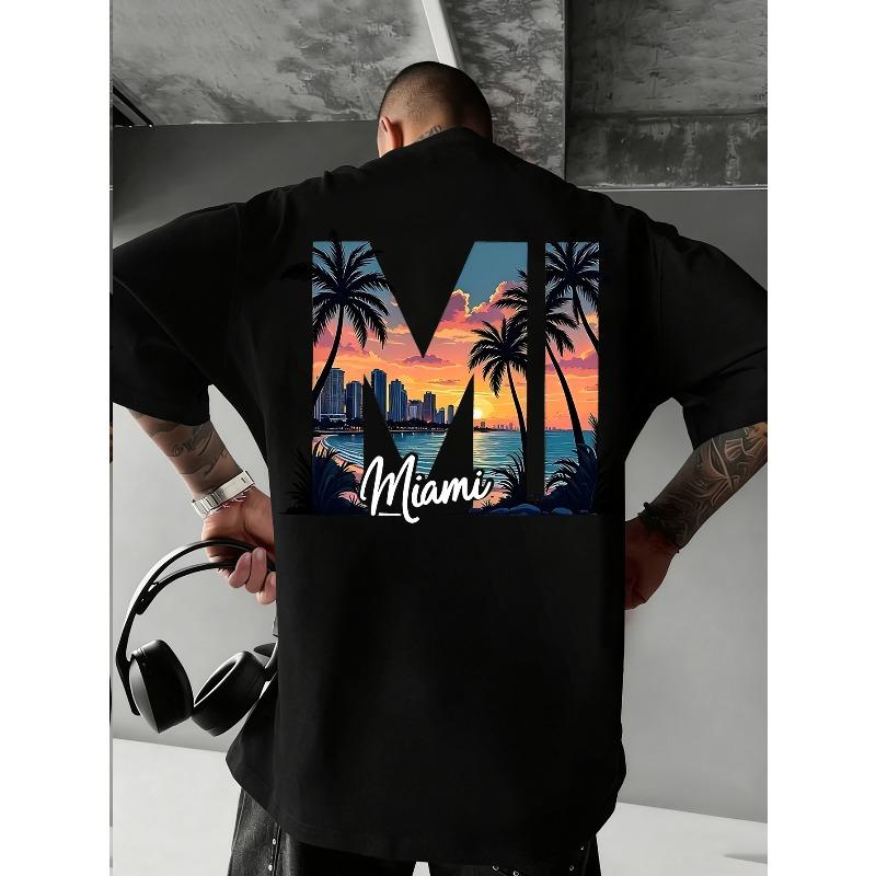 Herren Mode T-Shirt "Strand Sonnenuntergang" Kreativer Letter Print - Bequem für Alle Jahreszeiten, Slim Fit, Beidseitiges Design, Bequemes Material