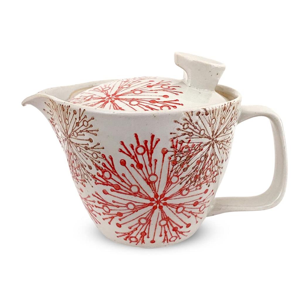 J-kitchens Small Hasami Ware Teapot, Made in Japan, 240ml, for 1-2 people, with tea strainer, Flower and Core Pattern, Red173940