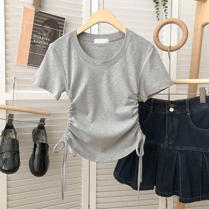 2025 Korean Style Slim Fit Short Sleeve Women's T-Shirt with Round Neck and Drawstring.
