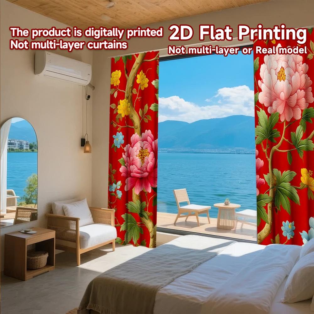 2D FLAT PRINTING 2pcs Curtains (Without Rod) Floral Red Celebration Design Holiday Easter Printed Curtains Polyester Curtains