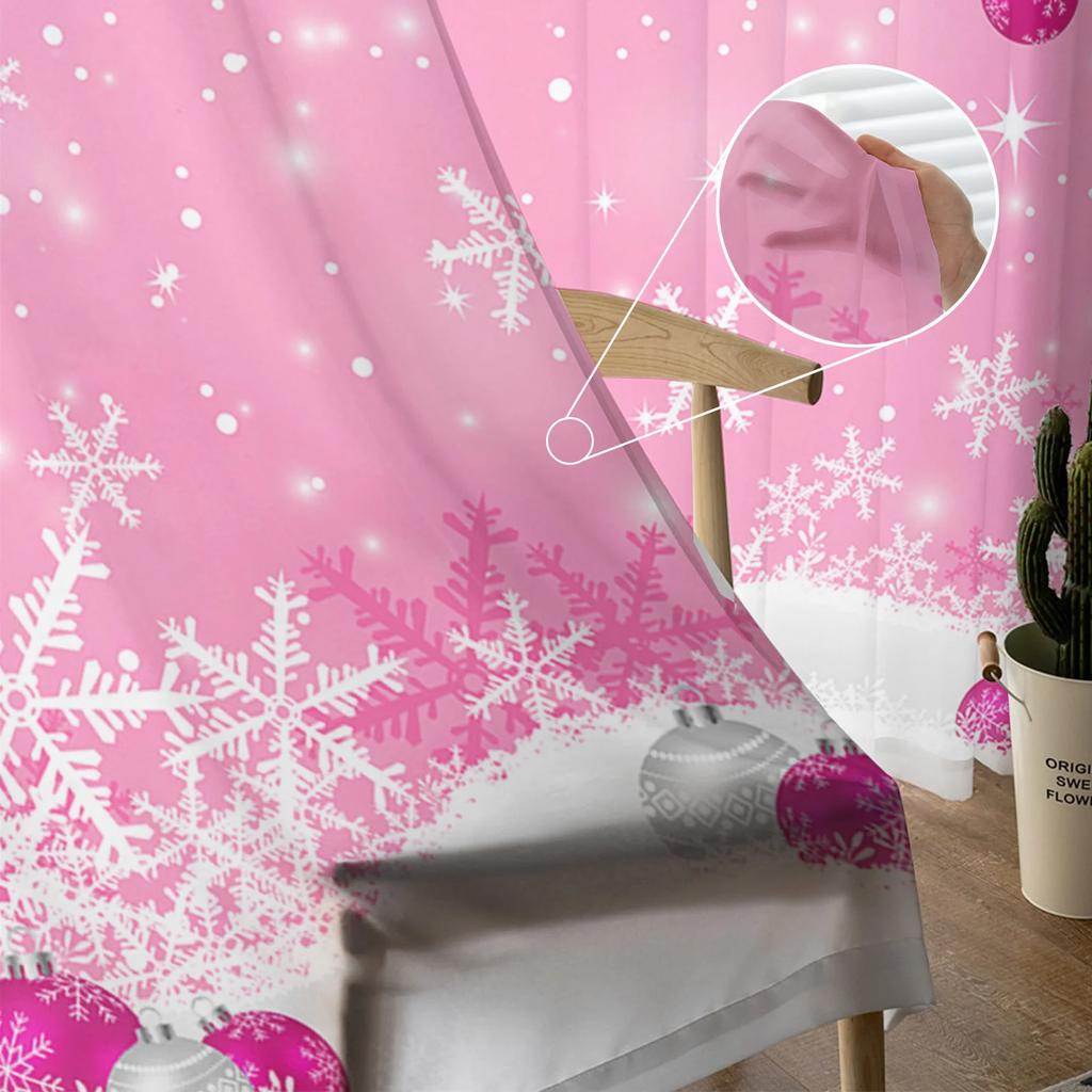 Winter Pink Christmas Ball Snowflake Sheer Curtains for Living Room Decoration Window Curtains Kitchen Tulle Voile Curtains