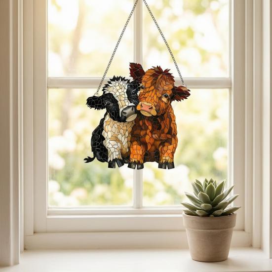 2D Acrylic Highland Cattle Hanging Ornament, Stained Glass Effect Farmhouse Wall Decor with Metal Chain, UV Printed Sun Catcher for Window Light