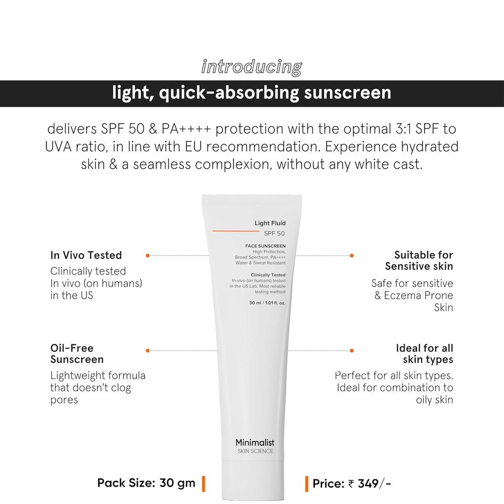 Minimalist Light Fluid Sunscreen SPF 50 For Oily Skin PA++++ | Lightweight, Water & Sweat Resistant | 30ml