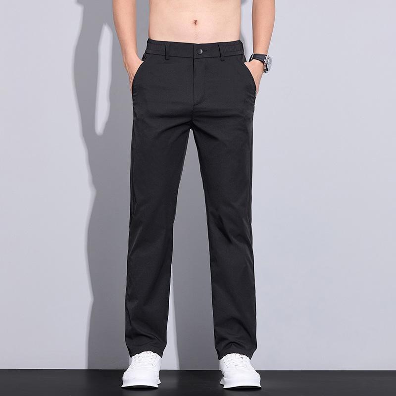 

Summer New Men s Casual Pants Ice Silk Thin Breathable Slim Straight Pants Versatile Light Business Quick-drying Men s Pants 28 чёрный