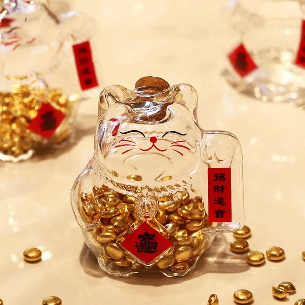 Cute Lucky Cat Piggy Bank Glass Clear Money Jar Mini Cartoon Golden Bean Storage Bottle for Living Room Office Decor