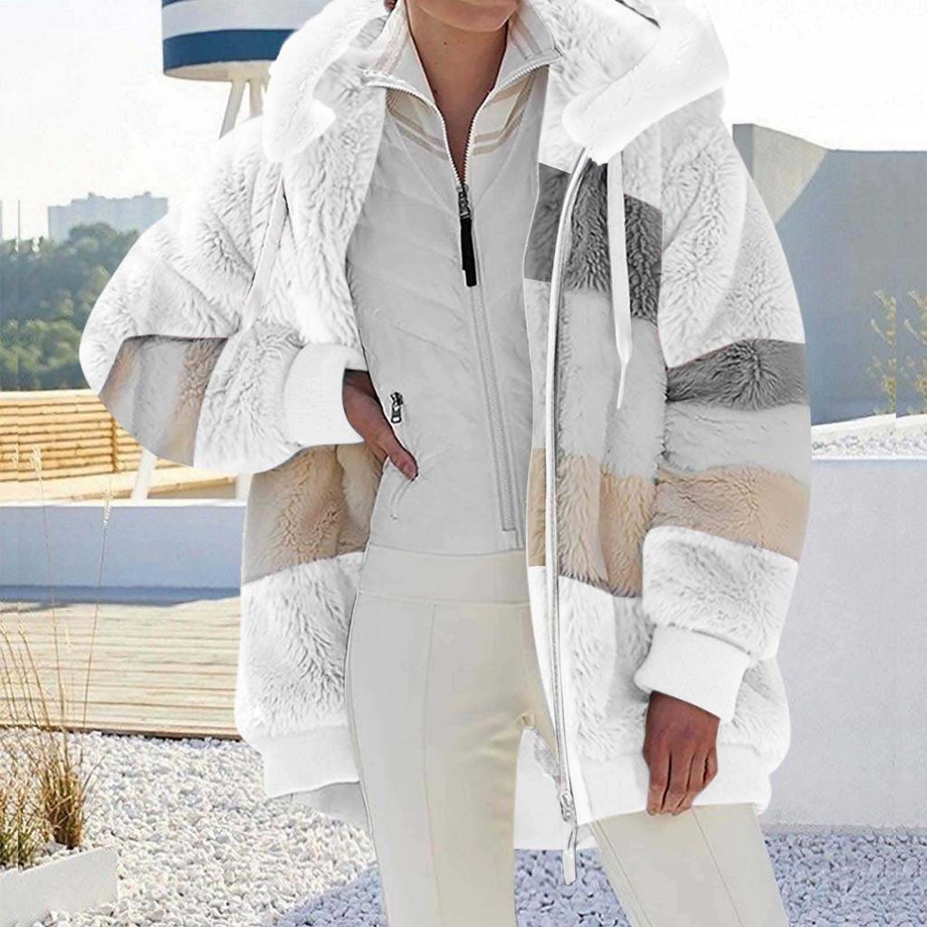Women's Fashionable Plush Patchwork Zipper Pocket Hooded Long Sleeved Loose Warm Jacket