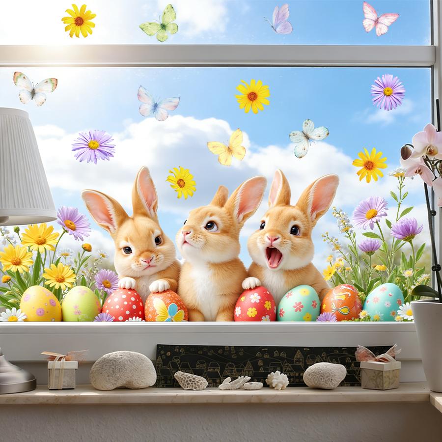 2Pc Easter Window Clings Cute Cartoon Bunny Egg Window Stickers For Kids Room Home Decoration Static Cling Reusable PVC Wall Art