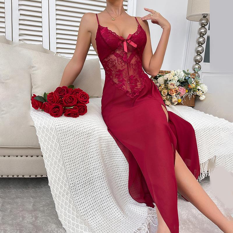 Sexy Chiffon Deep V Nightgown Lace Side Slit Extended Cami Women's Comfortable Loungewear 665 Flowy Feminine Sleepwear Perfect for Relaxing Evenings