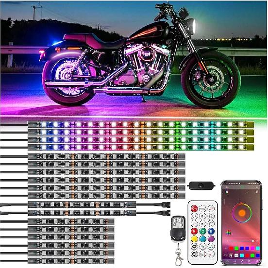 16Pcs RGB+IC Chasing Motorcycle LED Lights With APP/RF Remote, Dreamcolor Motorcycle LED Underglow Kit With Brake Turn Signal, 12V Waterproof Neon