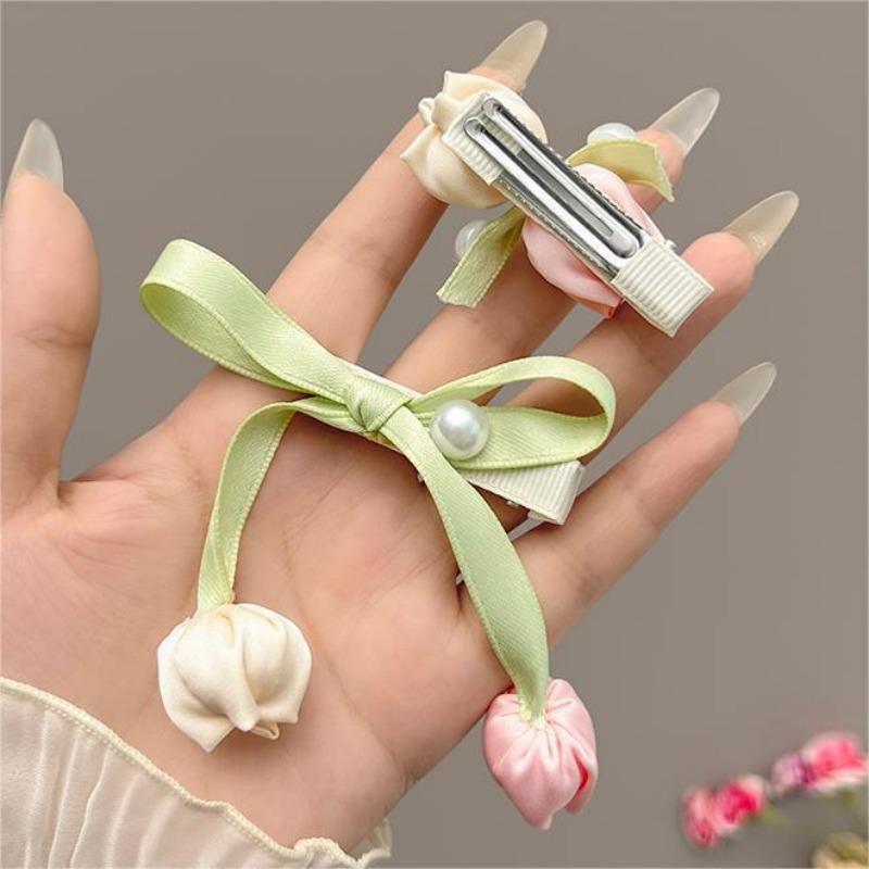 4PCS Korean Hair Accessories Sweet Pink Tulip Flower Clip Pearl Bow Duckbill High-end Fabric Elegant Casual Girl's Headwear 2025 New
