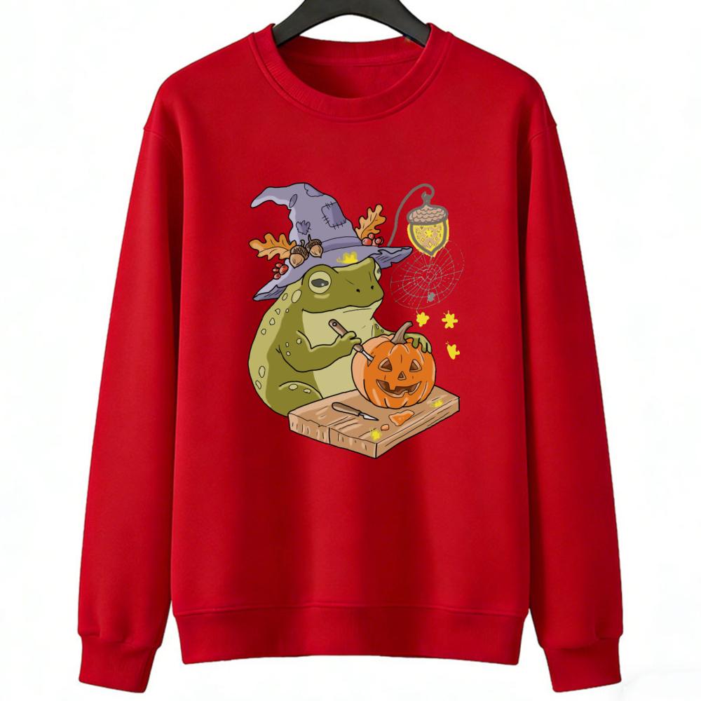 Witch Frog Carving Pumpkin Hoodie Women's Halloween Funny Cute Fall Spooky Graphic Cozy Warm Long Sleeve Pullover Sweatshirt