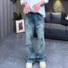 Autumn American retro washed cat whisker jeans men's and women's straight versatile neutral style wide-leg pants