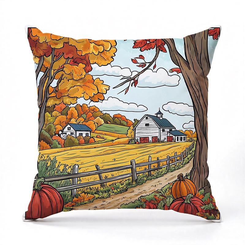 Autumn Countryside Scenes Printed Decorative Throw Pillows Square Polyester Pillowcase, Modern Sofa Decorative Cushion Cover