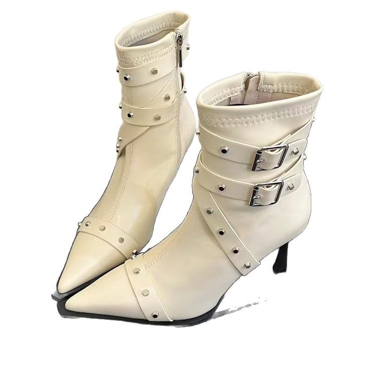 Rivet belt buckle pointed high-heeled short boots women's 2025 autumn new fashionable versatile soft leather single boots