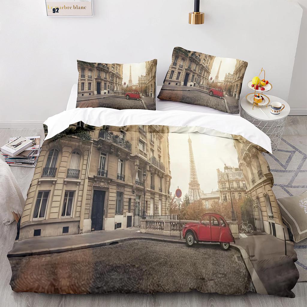 Eiffel Tower France Paris Bedding Set Boys Girls Twin Queen Size Retro Red Duvet Cover Pillowcase Bed Kids Adult