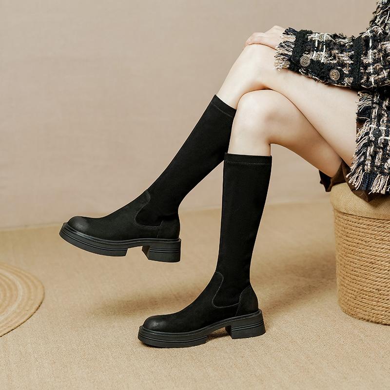 NEW Fall Women Shoes Round Toe Chunky Shoes Women Winter Split Leather Knight Boots Thick Heel Knee High Boots Retro Boots Women