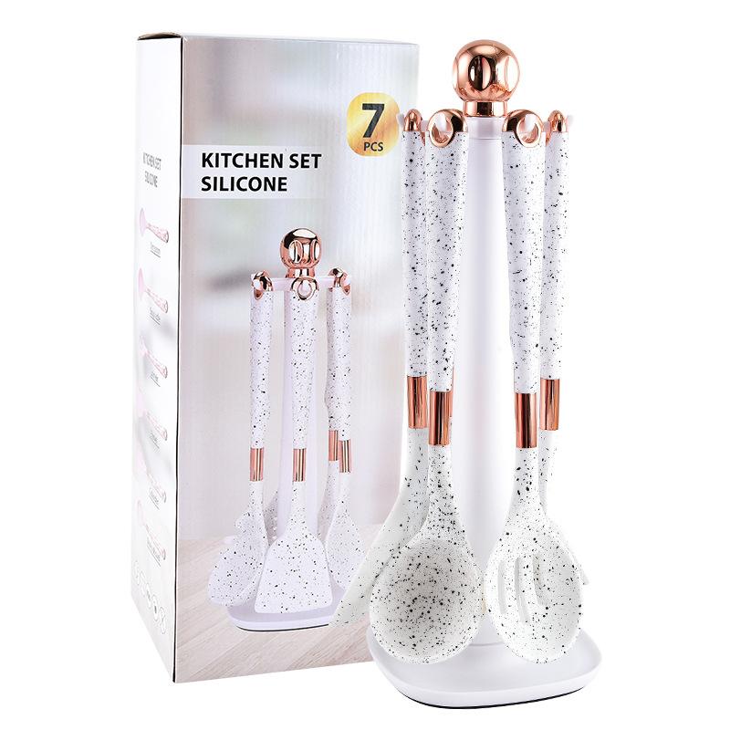 

7 шт. Набор кухонных принадлежностей из силикона для приготовления пищи с антипригарным покрытием, лопаткой, вращающимся сиденьем, подставкой для хранения светло-серый