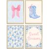 4pcs Trendy Preppy Wall Art Pink Bow Boots Blue And White Stripes Pictures Wall Decor Sweet Dreams Blue Flowers Posters Prints Artwork for Home