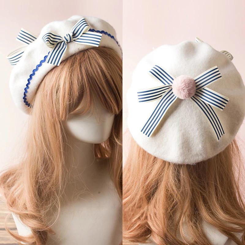 Handmade Women Wool Felt Beret Lolita Girls Cute Hat With Raised Bowknot Painter Beanie Cap